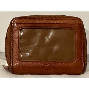 Buxton Brown Leather Fan Credit Card Holder one Zip Wallet Small Leather Preppy